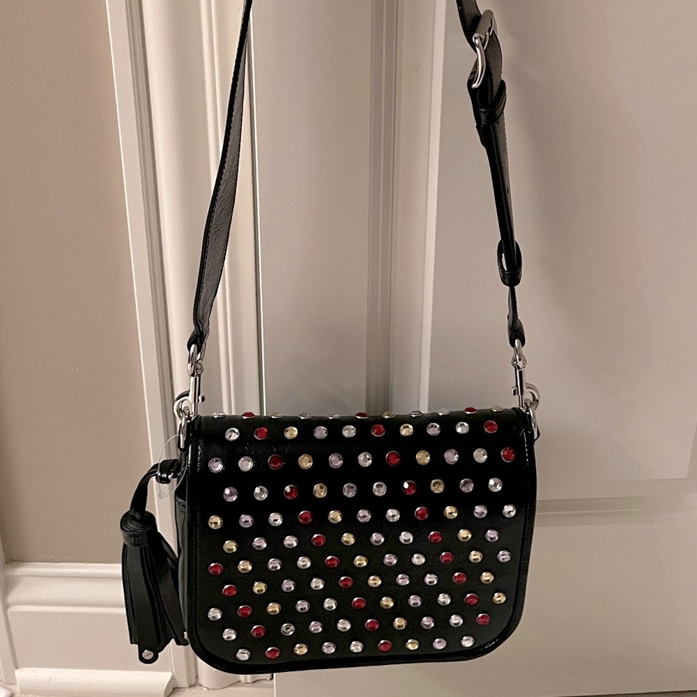 Marc Jacobs Black Patent Leather Jewel Embellished Courier Crossbody Bag - Picture 2 of 8